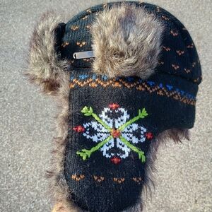 Unisex, OS black knit snowflake furry hat, Y2K style knit hat, earmuff hat